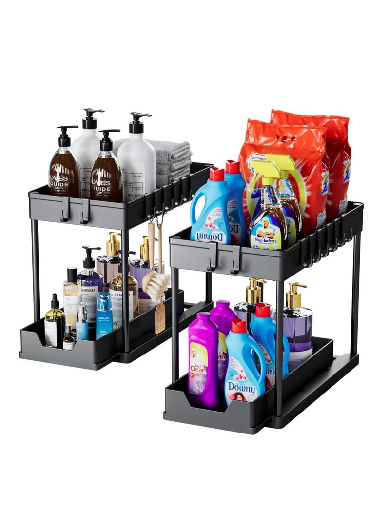 eBasket (2 pieces) Multi-purpose organizers under the sink storage units - 2-tier sliding shelf organizer for bathroom and kitchen with hooks and hanging cups, under-sink storage rack for home (black) - Image 1